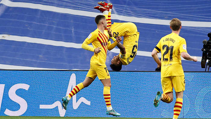 Pierre-Emerick Aubameyang celebrates a goal for Barcelona in El Clasico